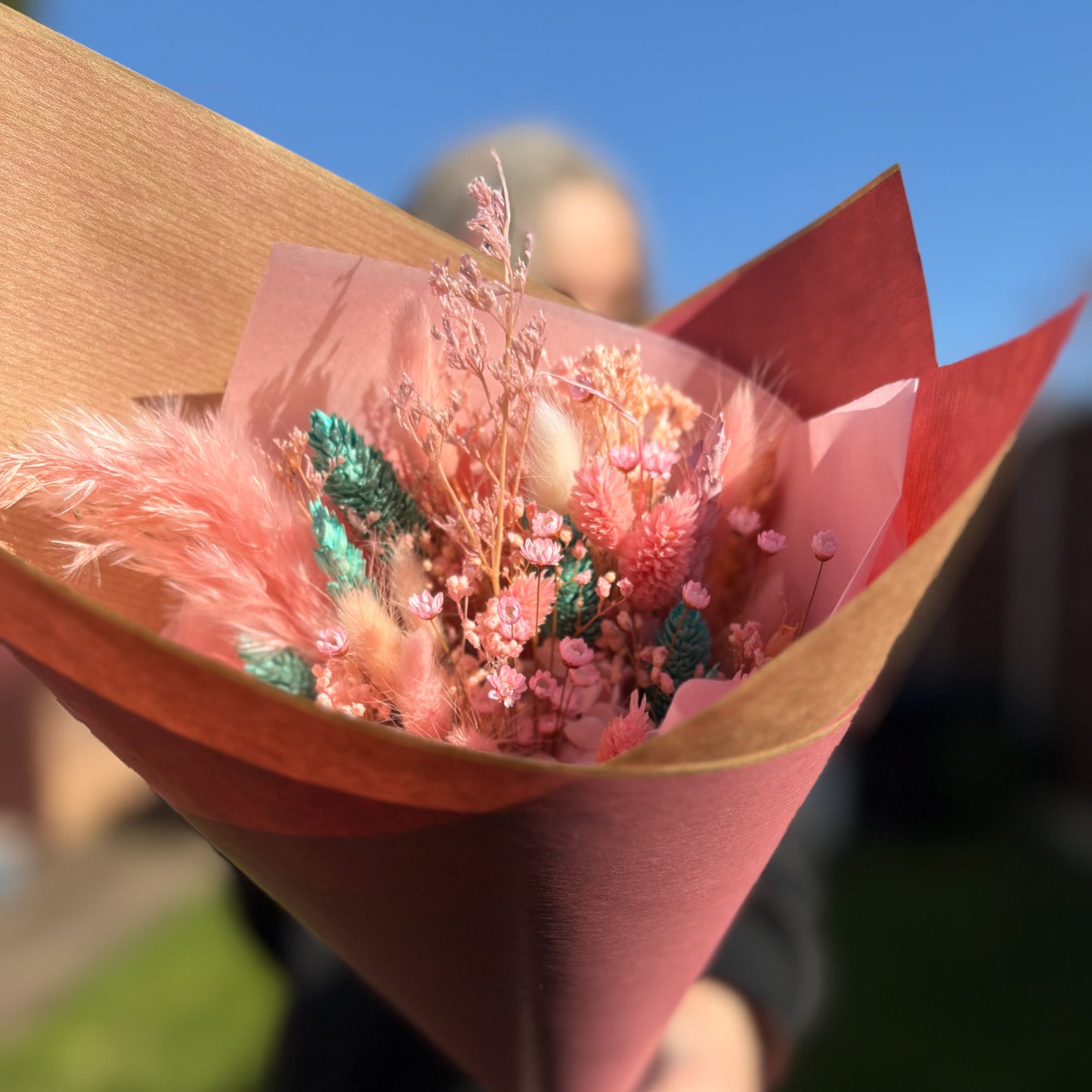 pink and aqua dried flower bouquet by post