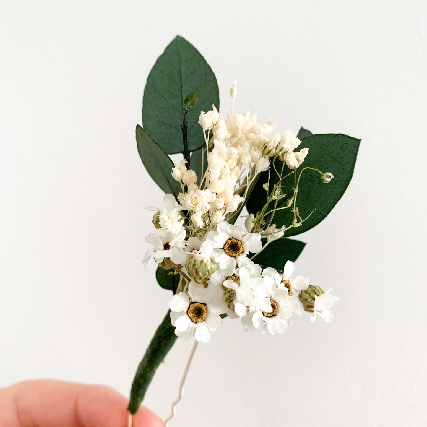 eucalyptus and daisy dried flower hair pins