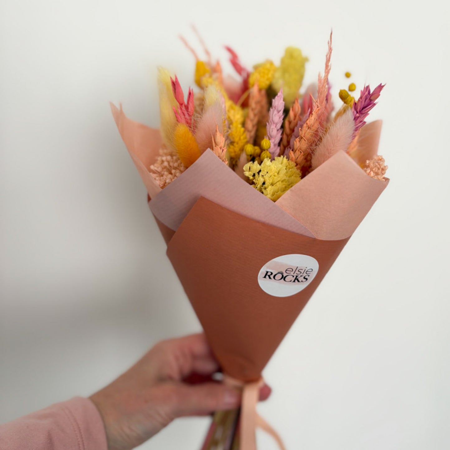 yellow and peach dried flower bouquet