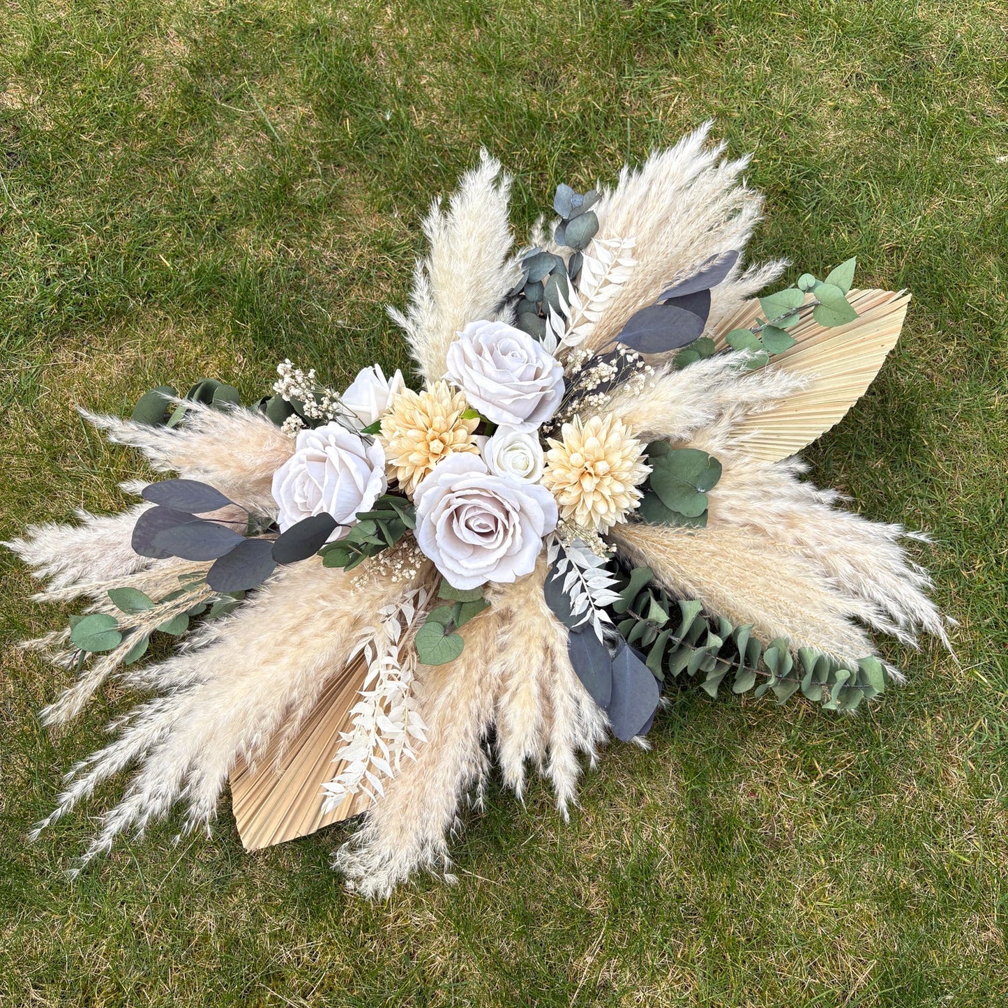 white rose and pampas swag for wedding arch