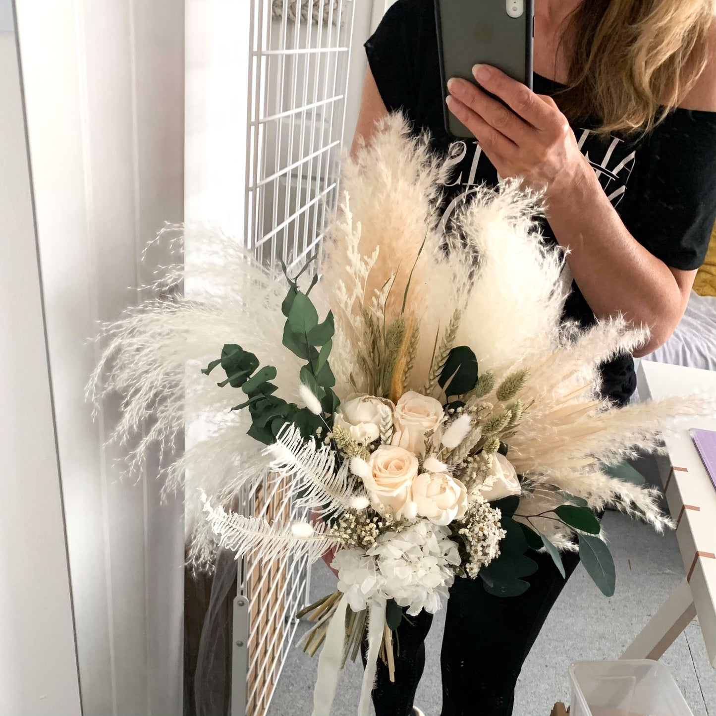 dried flower bridal bouquet white roses
