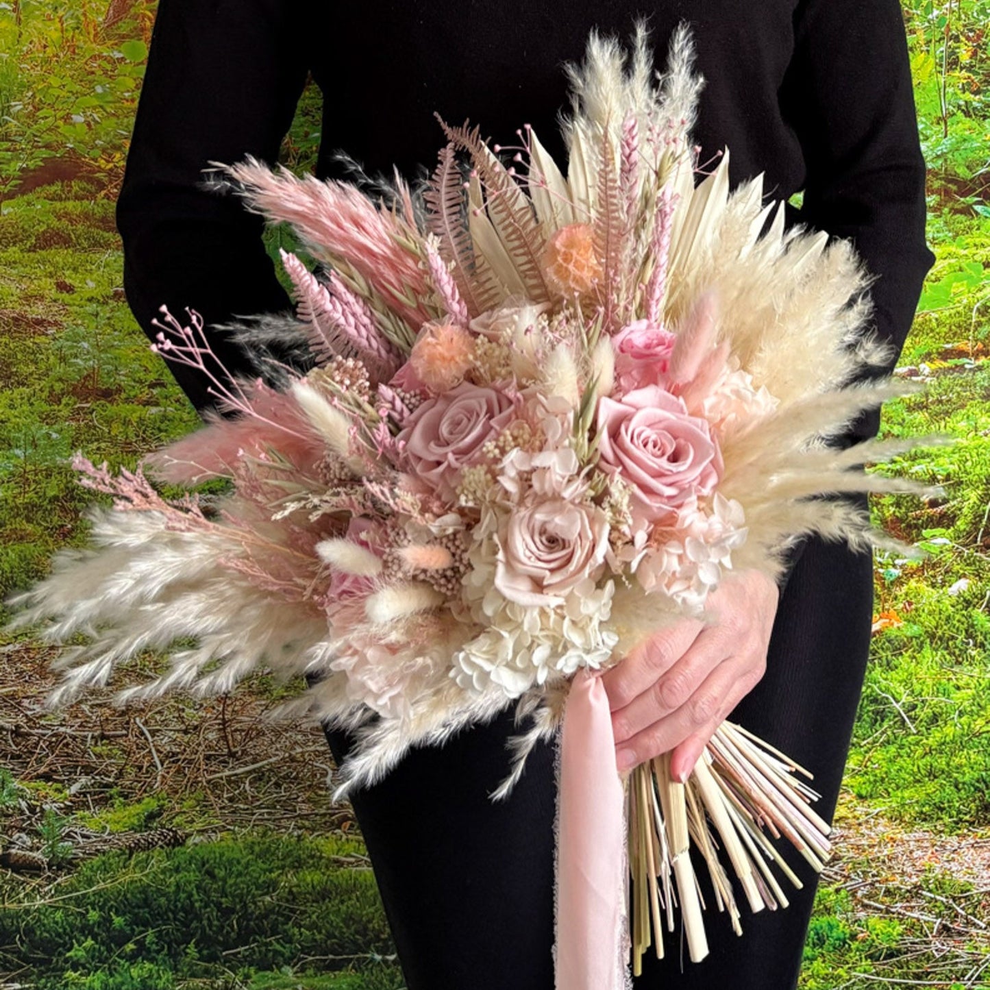Pink preserved rose and pampas bridal bouquet