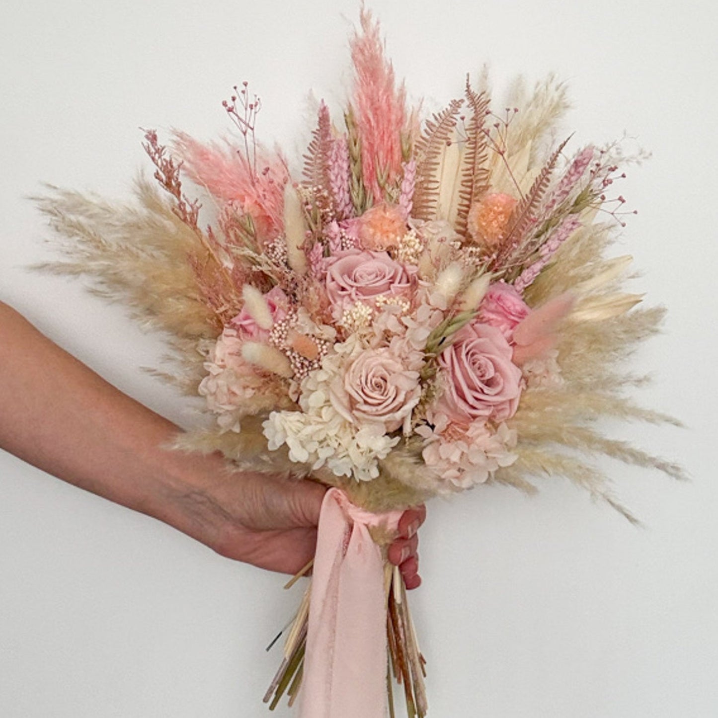 Pink rose and pampas dried flower bridal bouquet