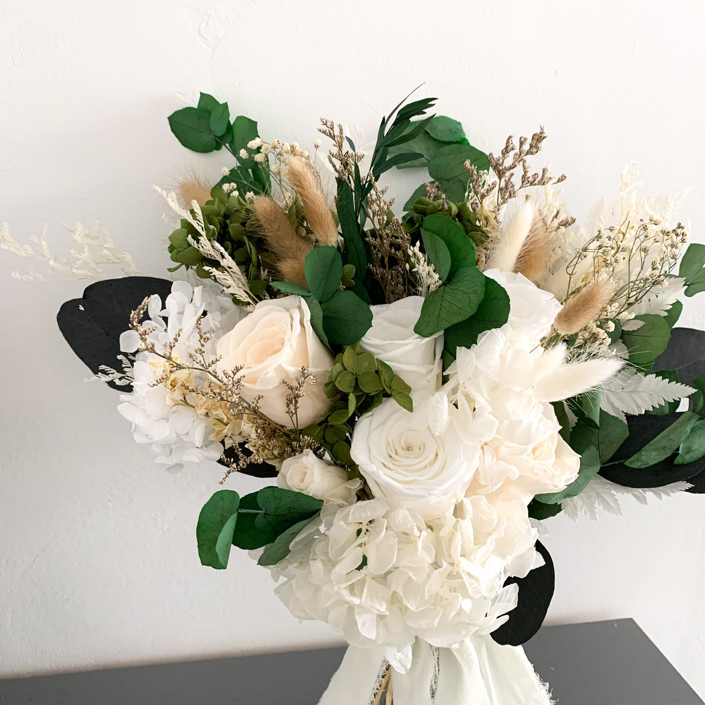white and green neutral wedding bouquet with dried flowers