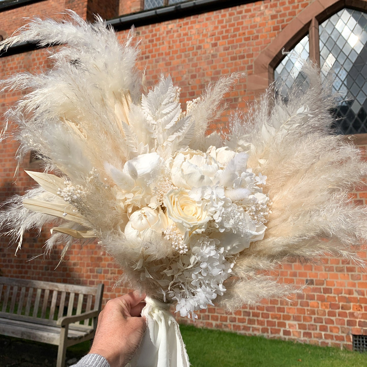 white rose and pampas bridal bouquet