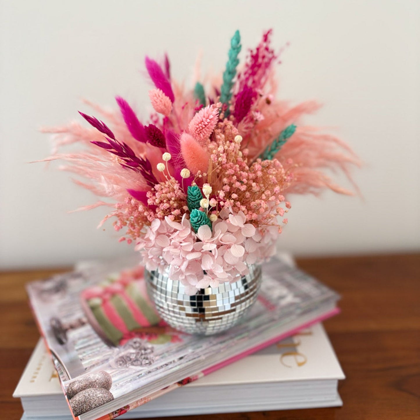 dried flower disco ball arrangement