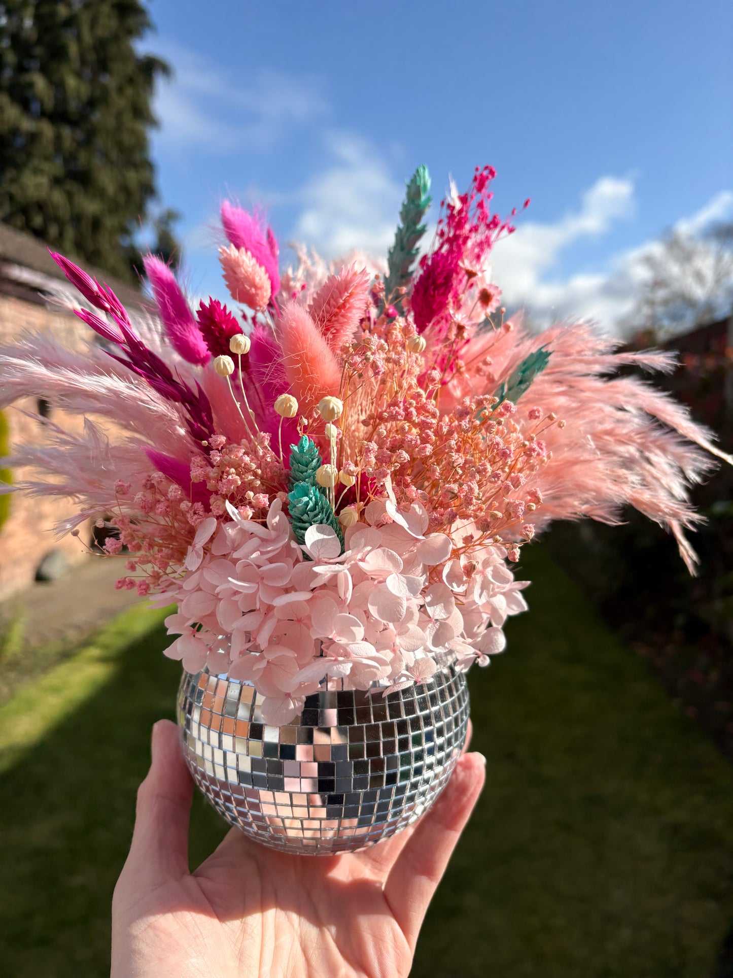 pink dried flower disco ball planter
