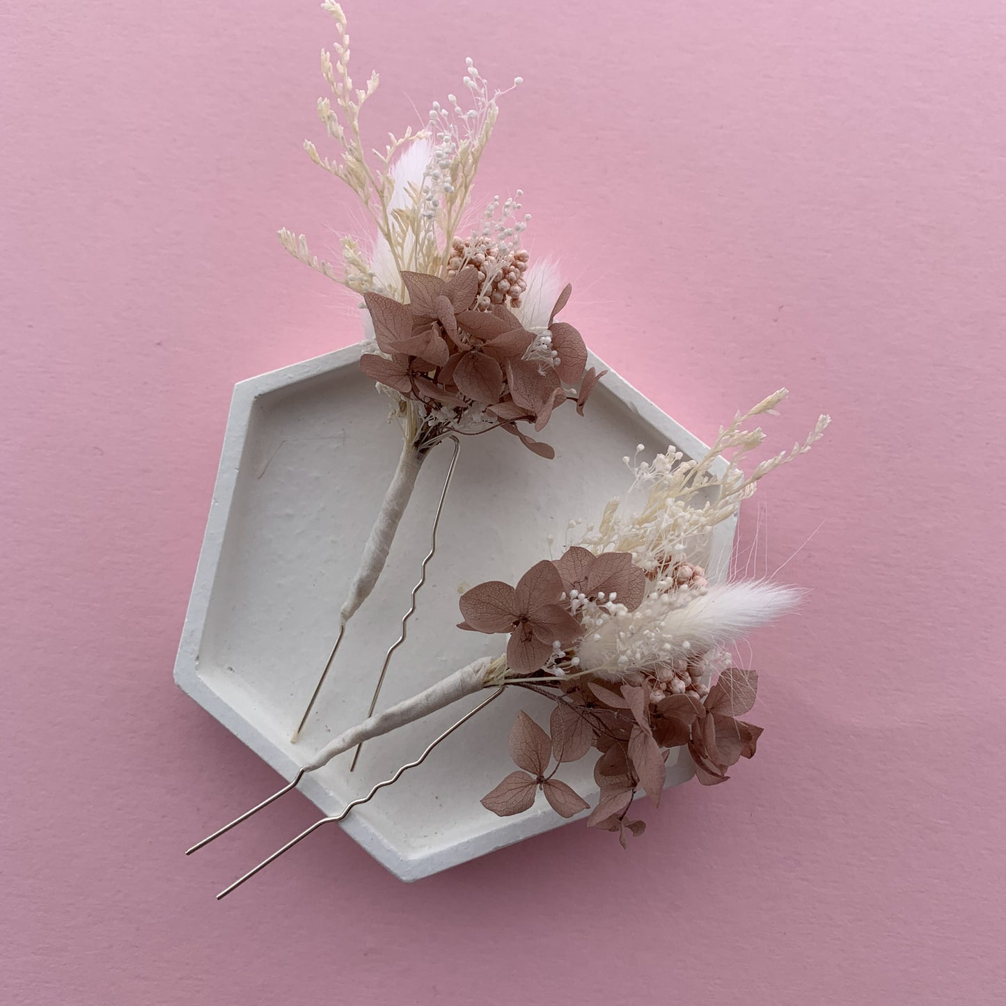 blush and mocha preserved flower hair pins