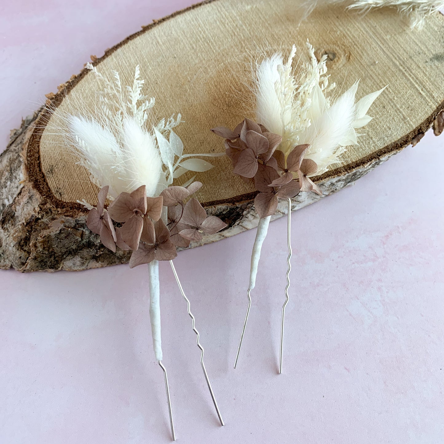 mocha and white dried flower hair pins