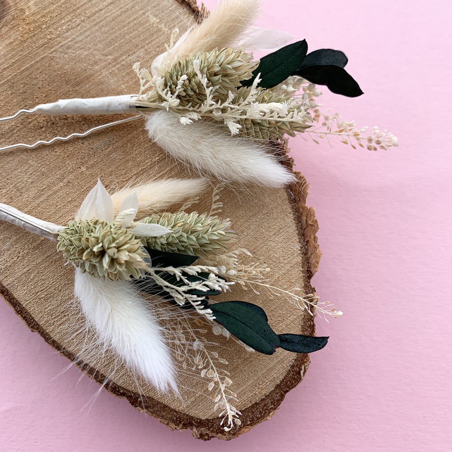 sage dried flower hair pins