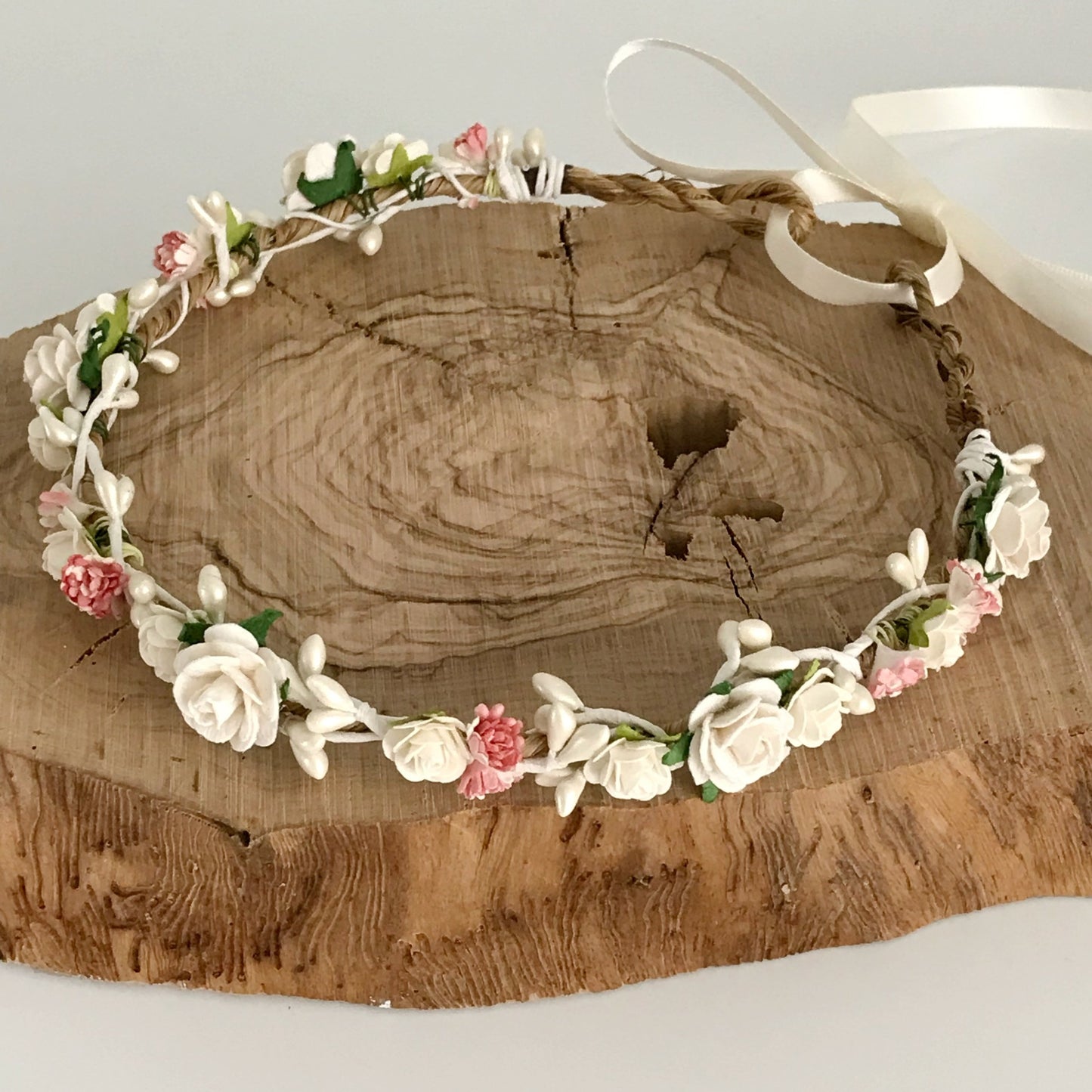 wedding flower crown ivory and coral gypsophila