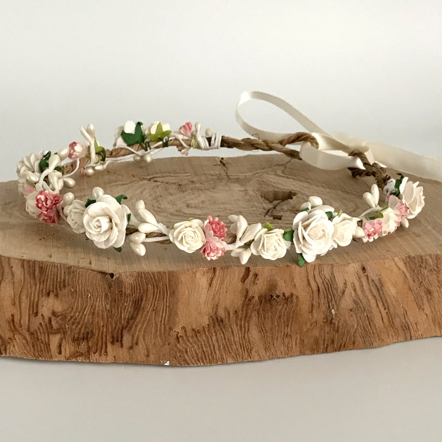 ivory and coral gypsophila flower crown for wedding
