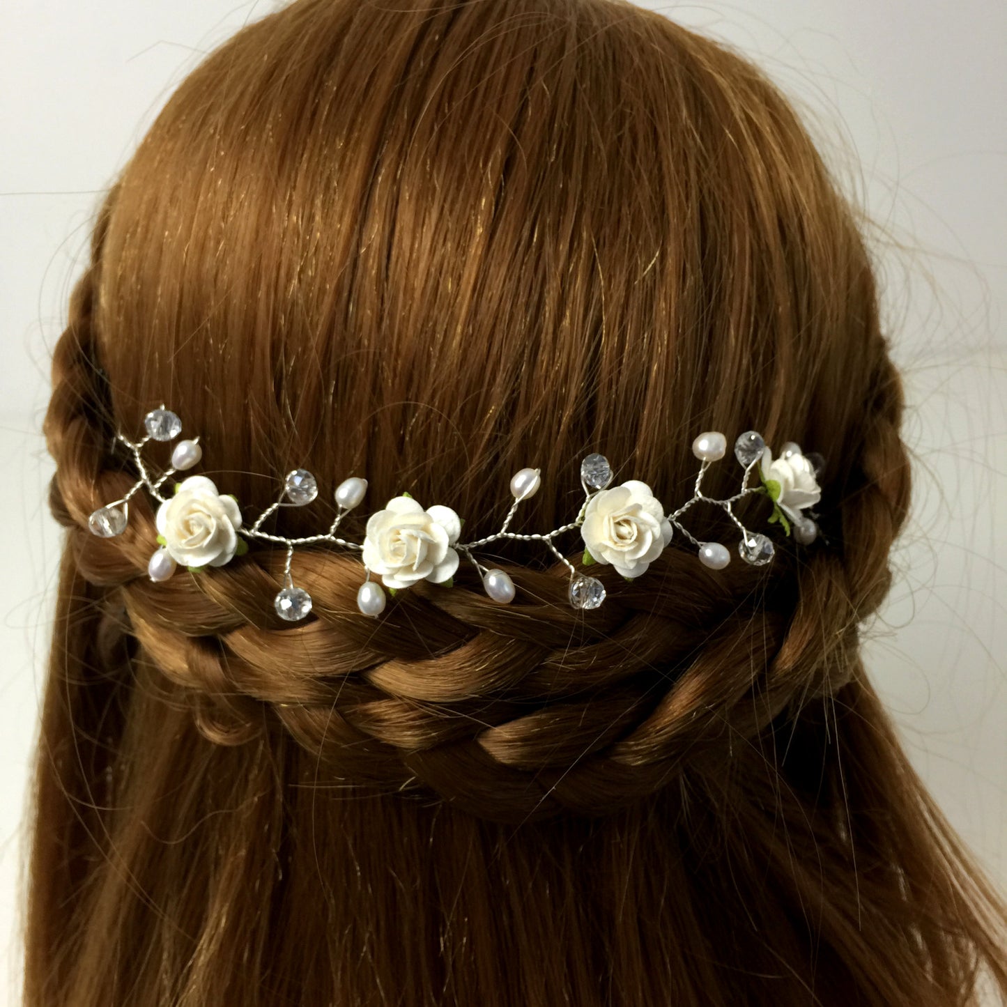 ivory rose and pearl wedding hair vine