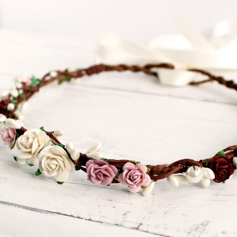 Burgundy floral headband sale