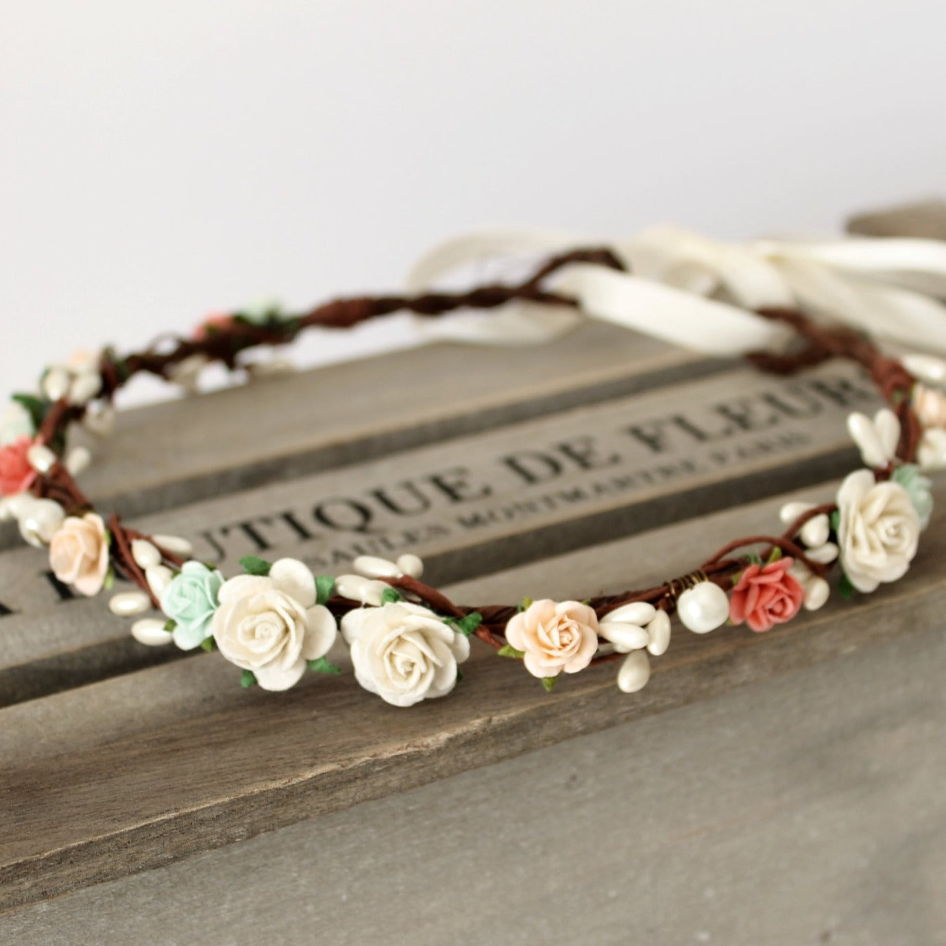 mint coral peach flower crown uk