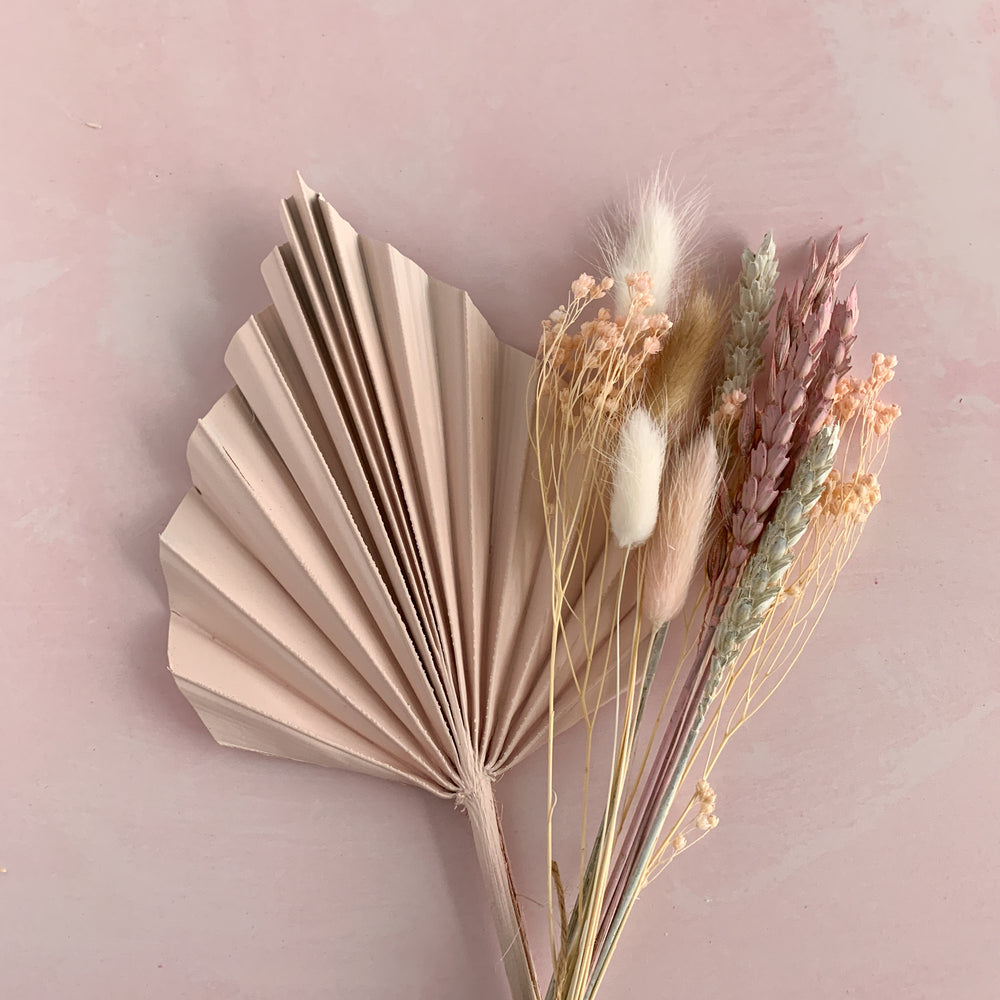 blush pink palm spear set with dried flowers