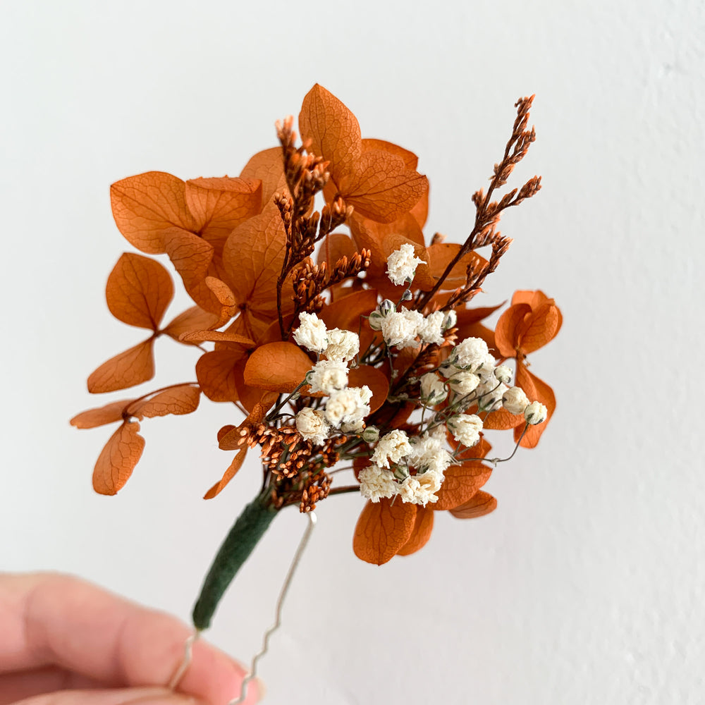 Burnt orange hydrangea and gypsophila hair pins