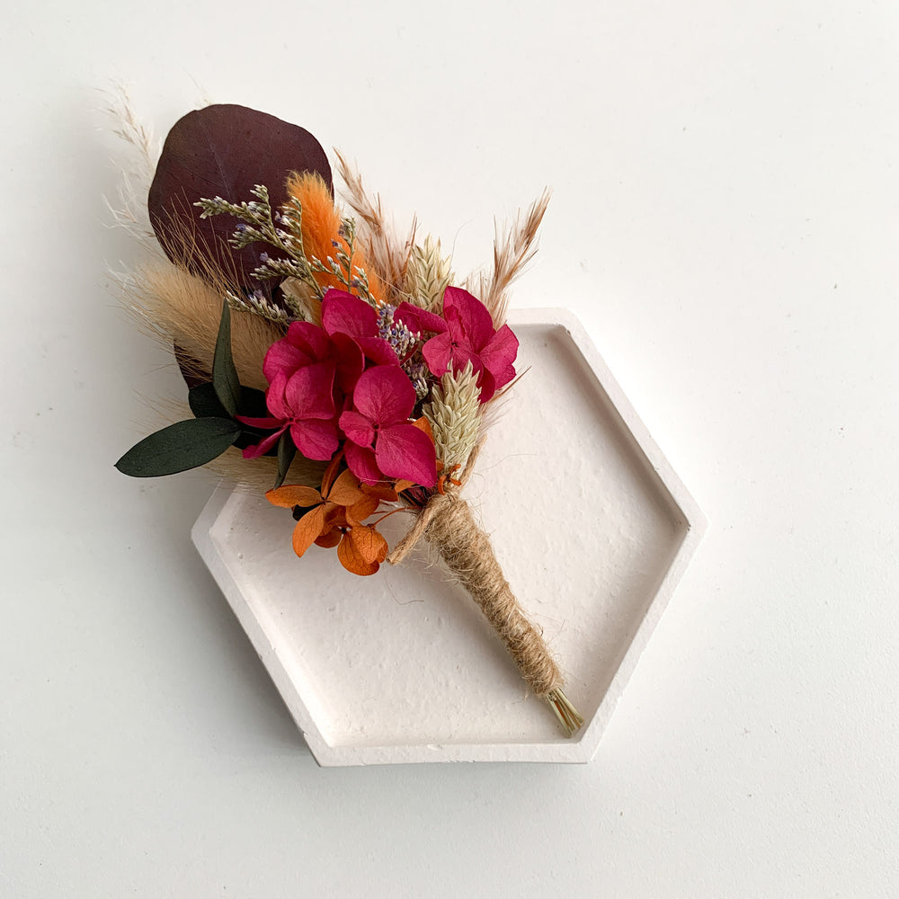 Burnt Orange and Cherry Dried Flower Buttonhole