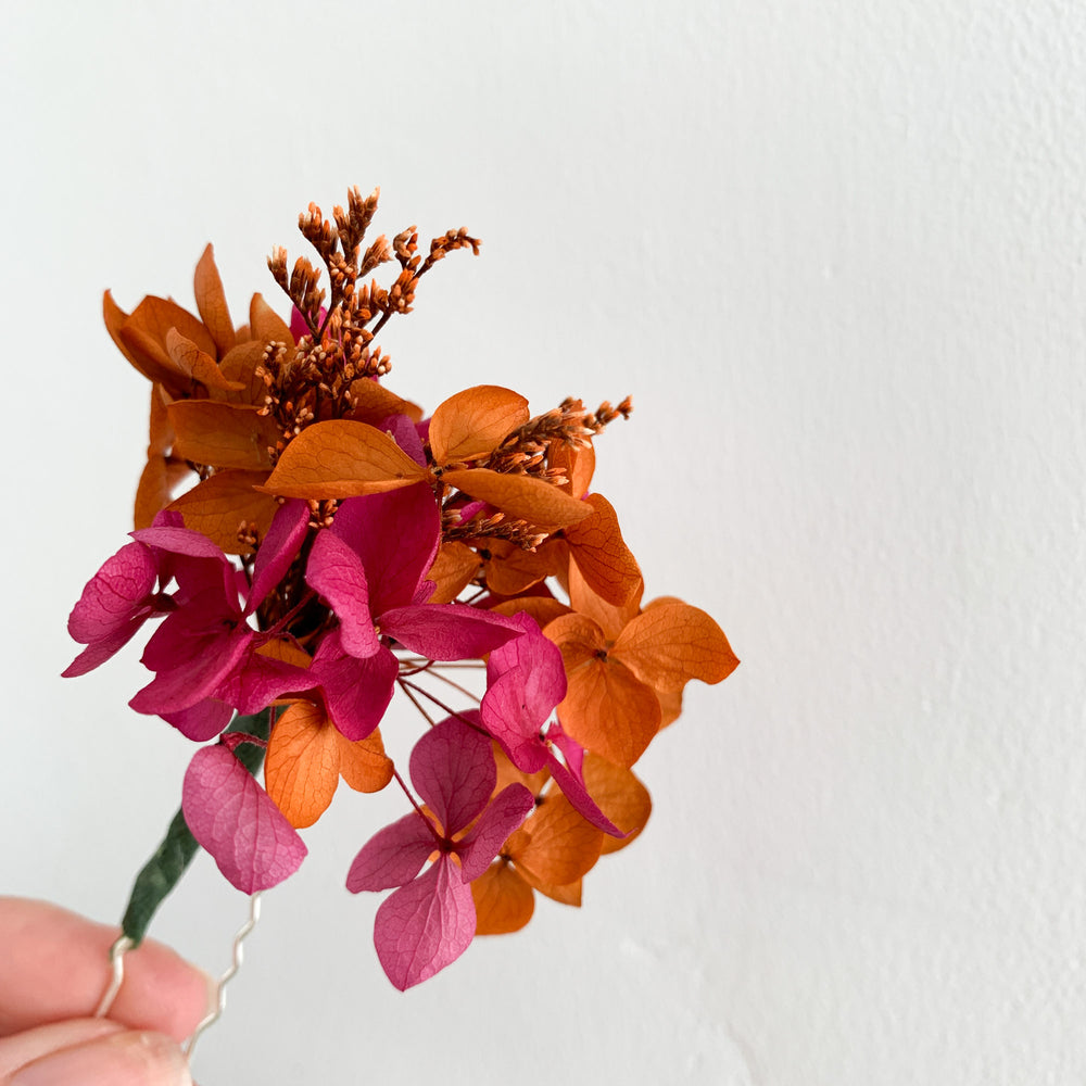 
                      
                        Cherry red and orange hydrangea hair pins
                      
                    