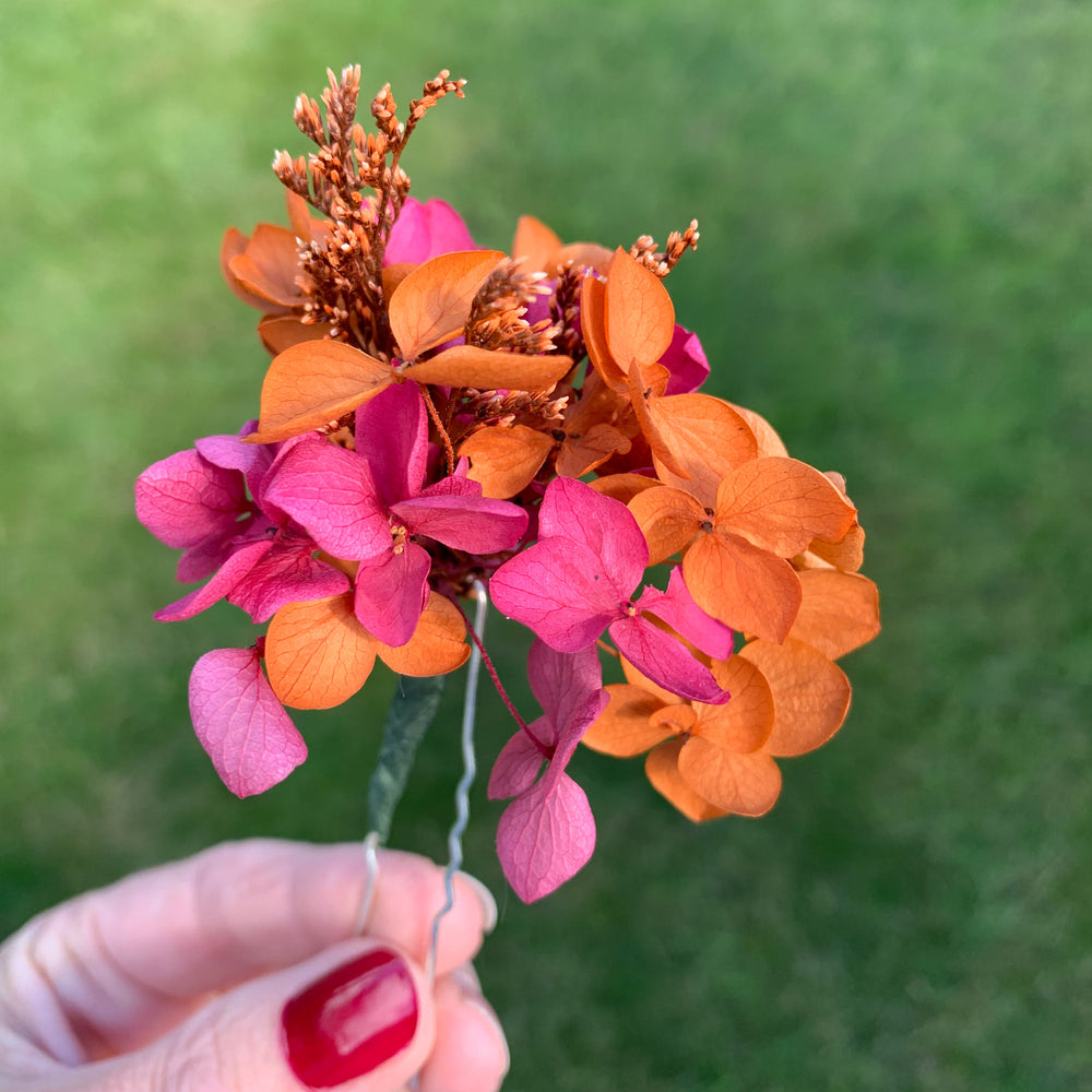 Cherry red and orange hydrangea hair pins