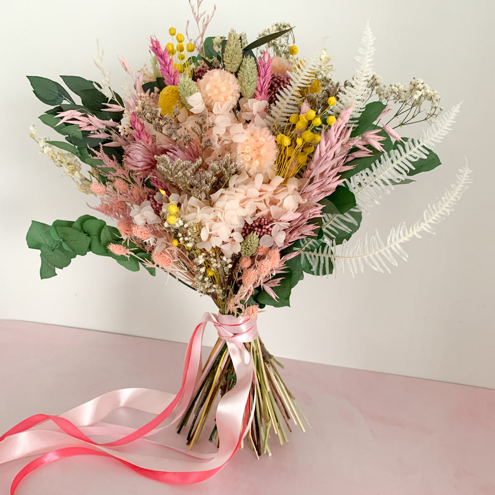 Pink and Yellow Dried Flower Bridal Bouquet