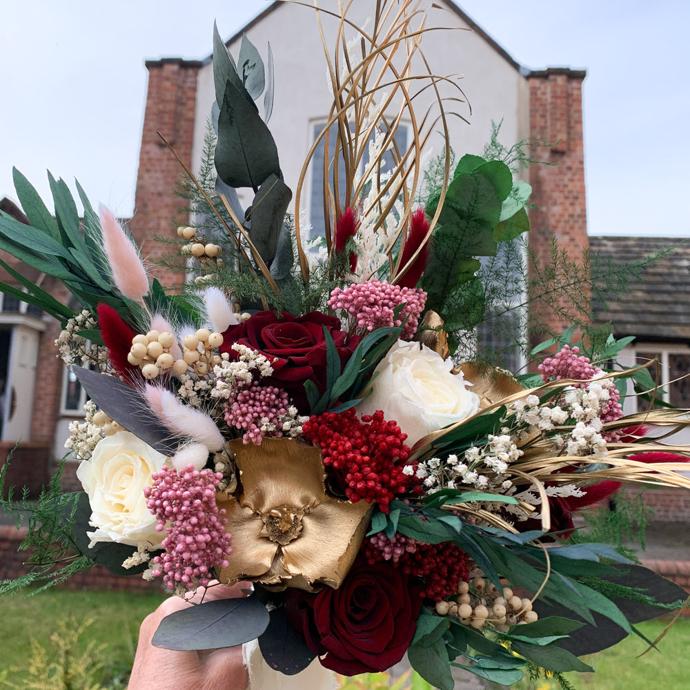 
                      
                        Deep Red Rose and Gold Dried Flower Bridal Bouquet - Winter Garden
                      
                    