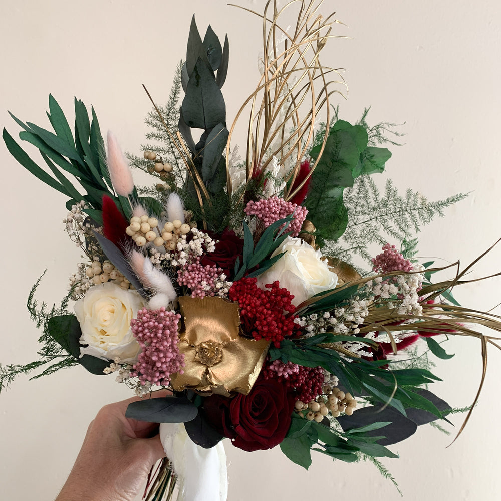 Deep Red Rose and Gold Dried Flower Bridal Bouquet - Winter Garden