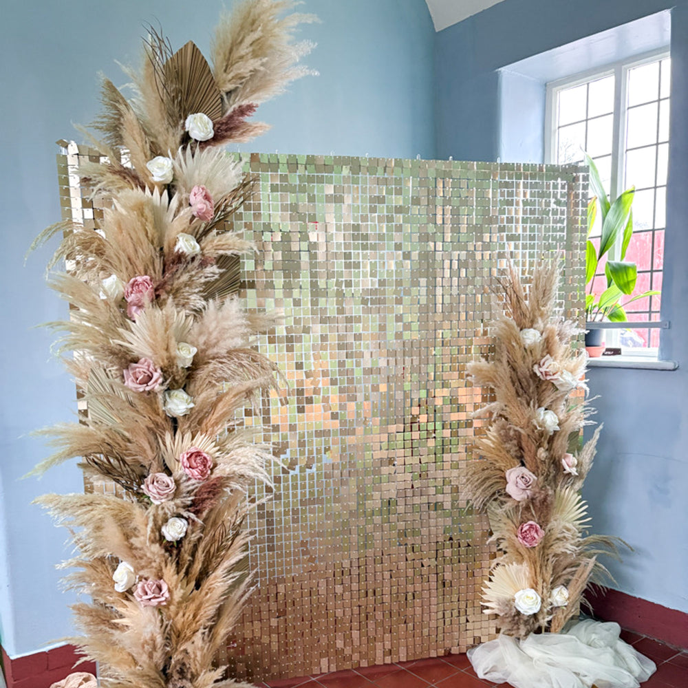 champagne gold shimmer wall with pampas
