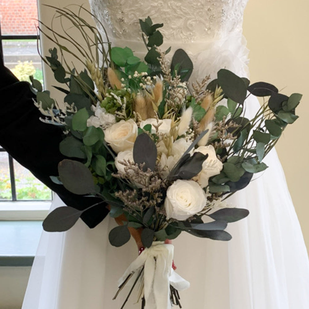 Eucalyptus and Rose Dried Flower Bridal Bouquet - The Evergreen