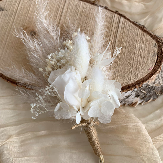 White Pampas dried flower buttonhole