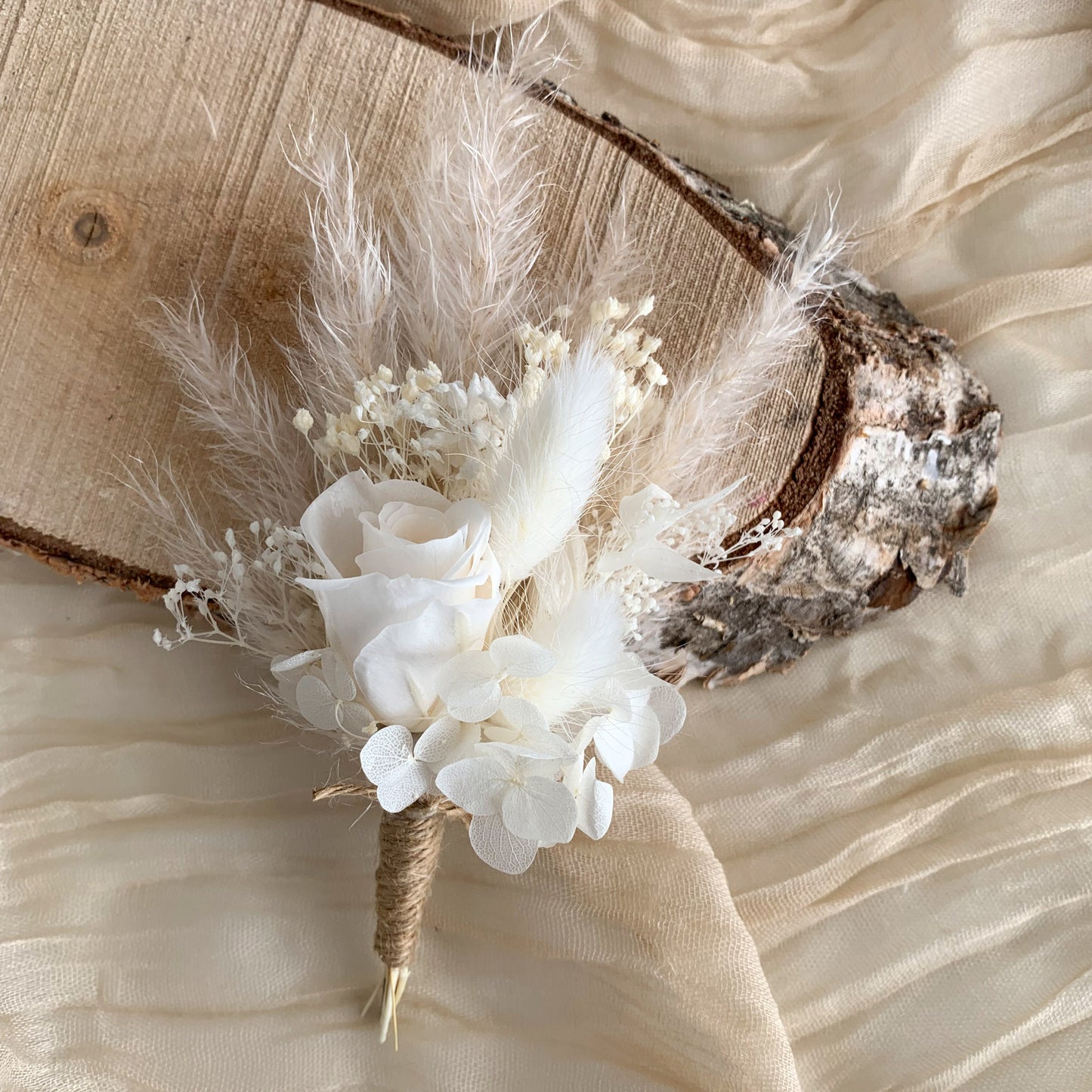 White Pampas dried flower buttonhole