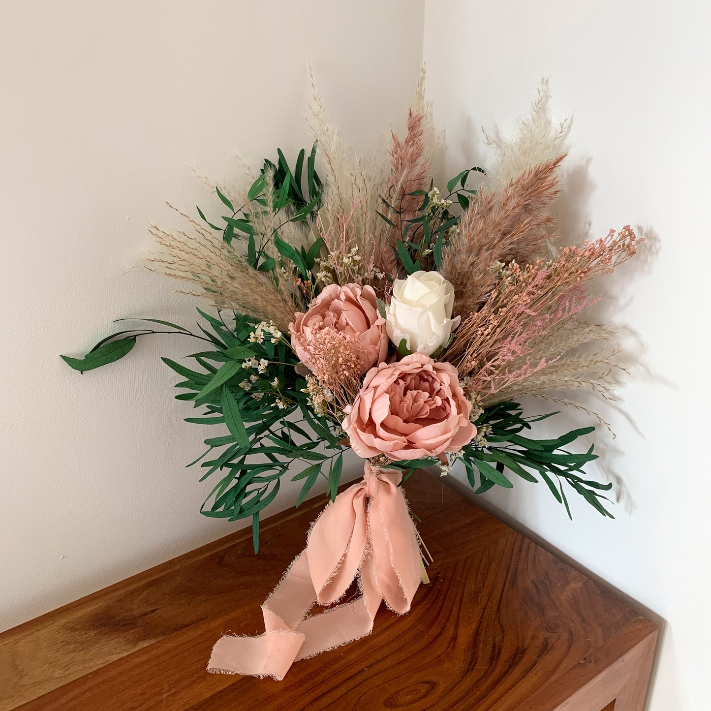 Dusky pink and natural mix dried flower wedding bouquet