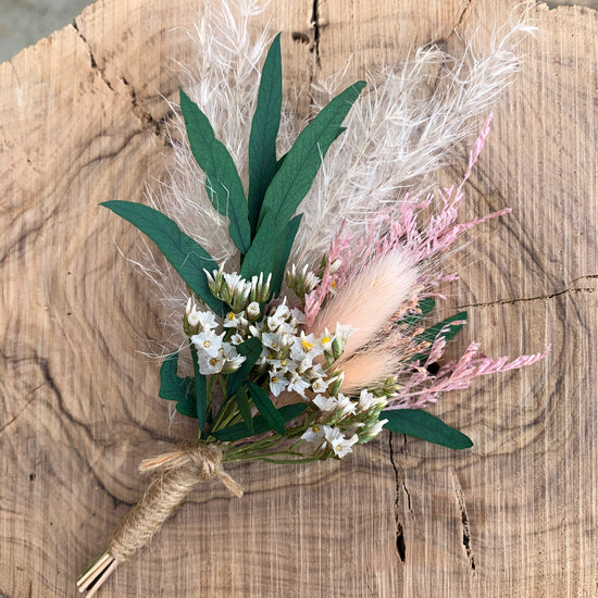 Natural and dusky pink eucalyptus dried flower buttonhole