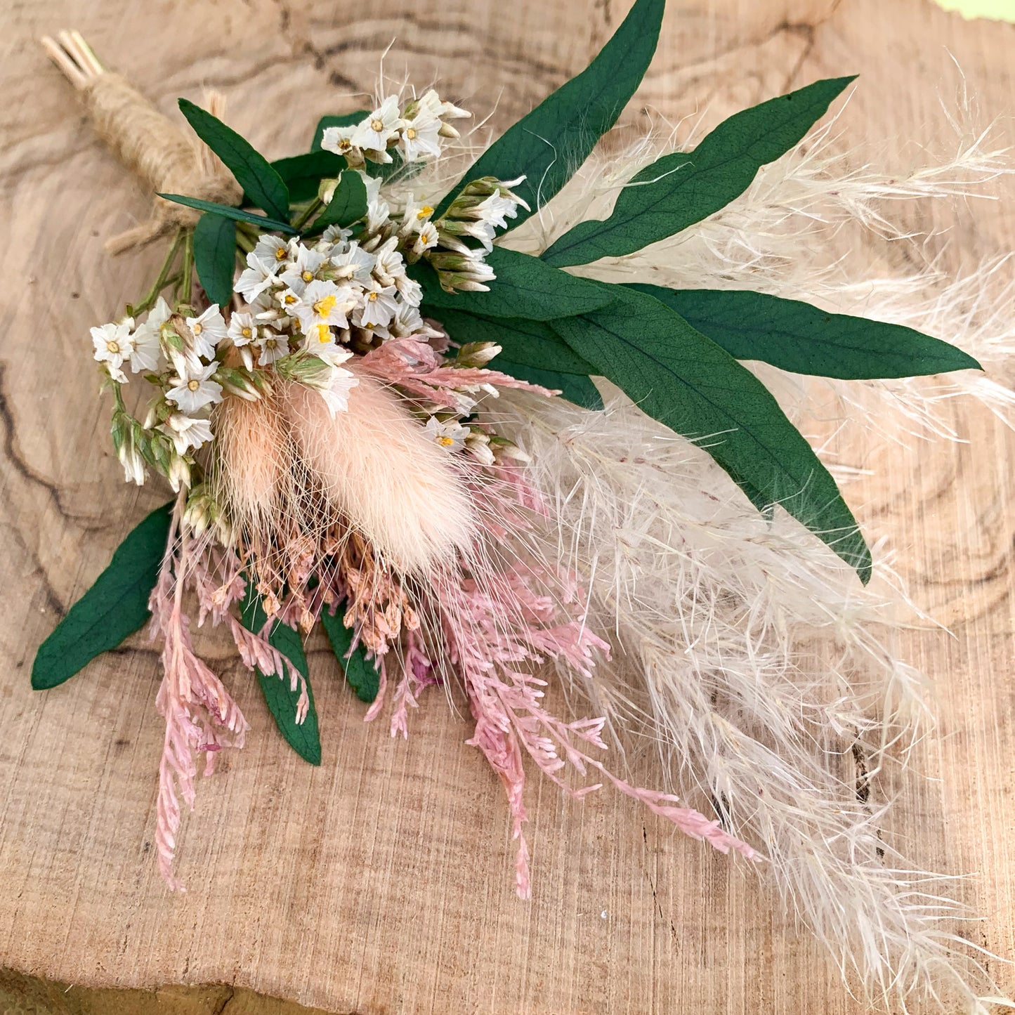 Natural and dusky pink eucalyptus dried flower buttonhole