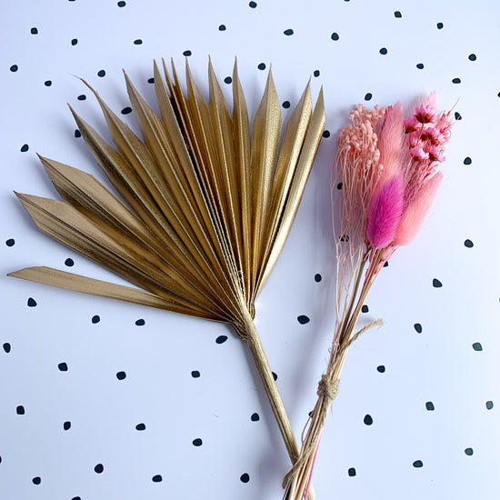 Small gold sun palm and pink dried flower set