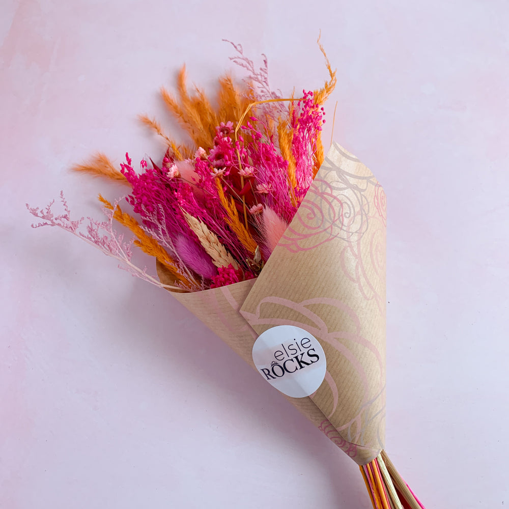
                      
                        Hot pink and orange dried flower bouquet
                      
                    