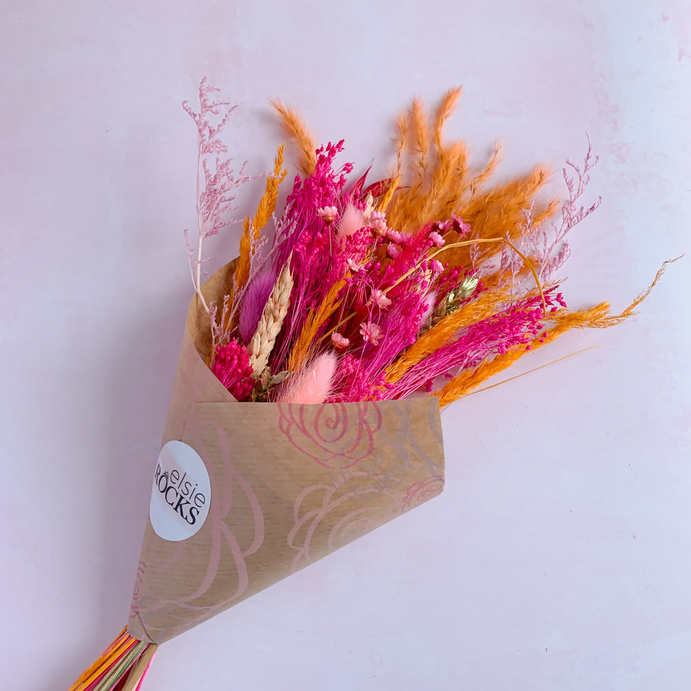 Hot pink and orange dried flower bouquet