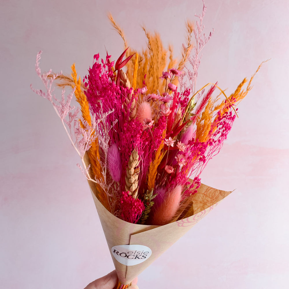
                      
                        Hot pink and orange dried flower bouquet
                      
                    