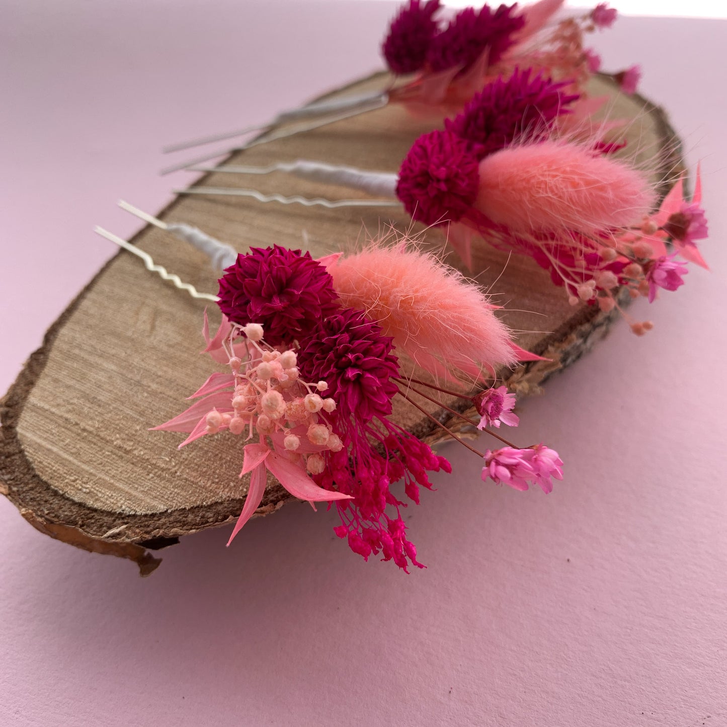 Spicy Pink dried flower hair pins