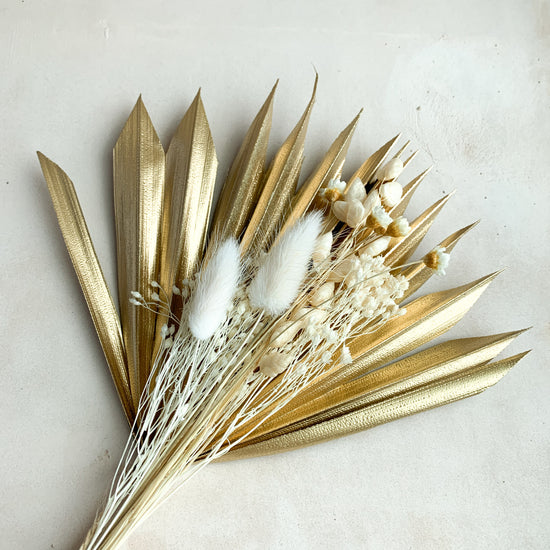 Load image into Gallery viewer, Small gold sun palm and white dried flower set
