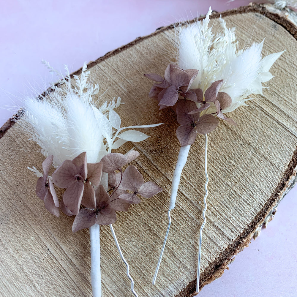 mocha and white dried flower hairpins