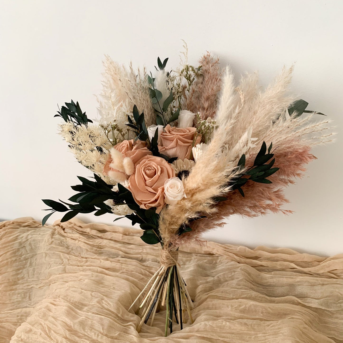 Toffee and eucalyptus dried flower wedding bouquet