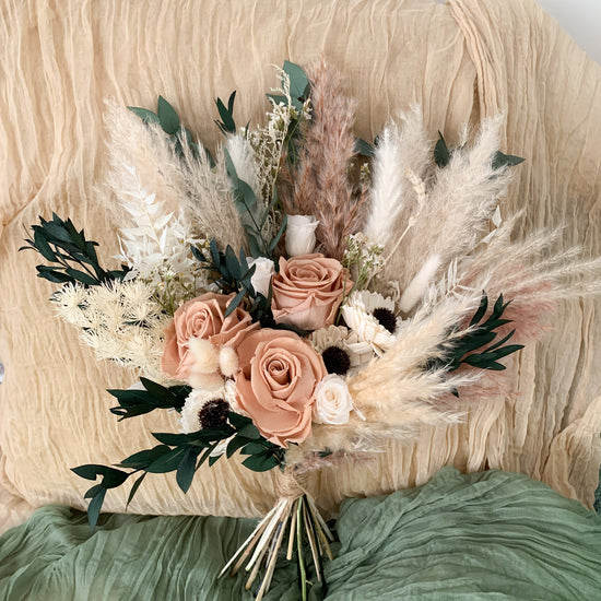 Toffee and eucalyptus dried flower wedding bouquet