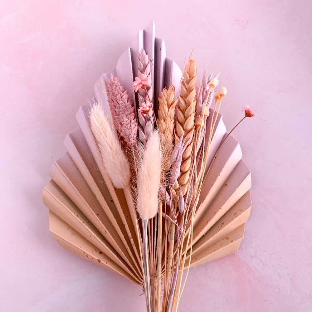 
                      
                        peach and pink palm spear and dried flowers
                      
                    