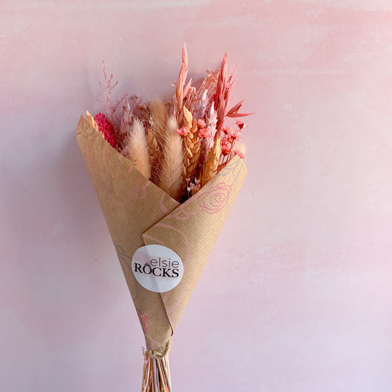 Peach and raspberry dried flower mini bouquet