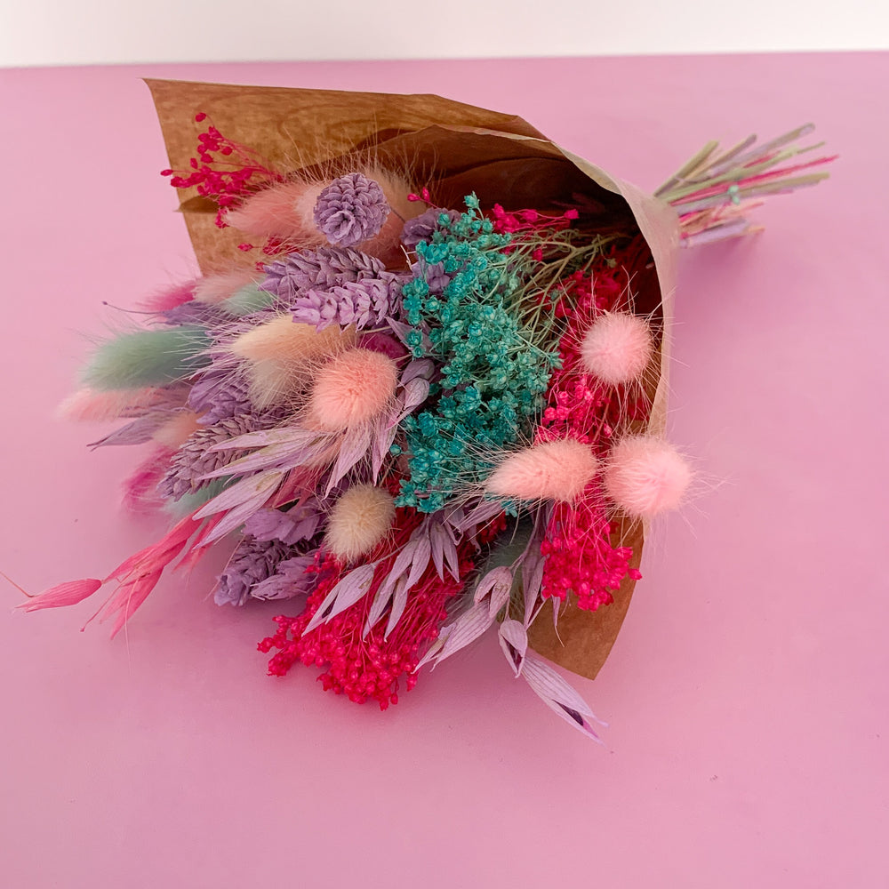 
                      
                        pink and aqua dried flower bouquet
                      
                    