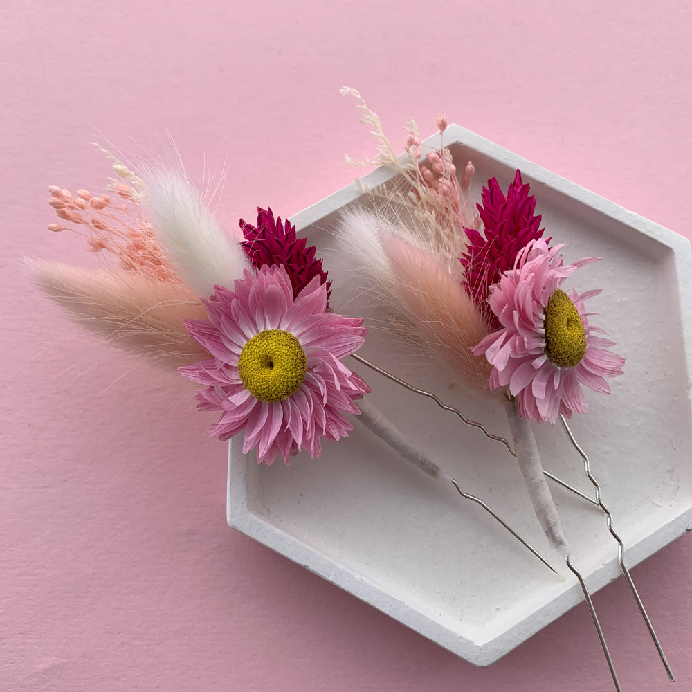 pink dried flower hair pins