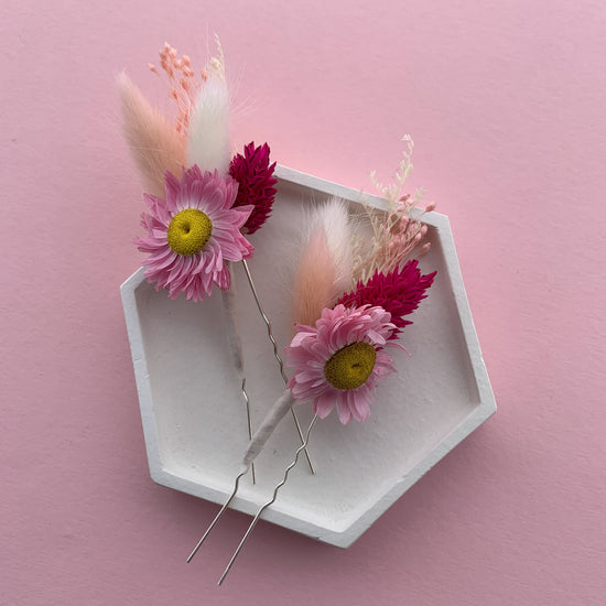 Hot Pink daisy dried flower hair pins