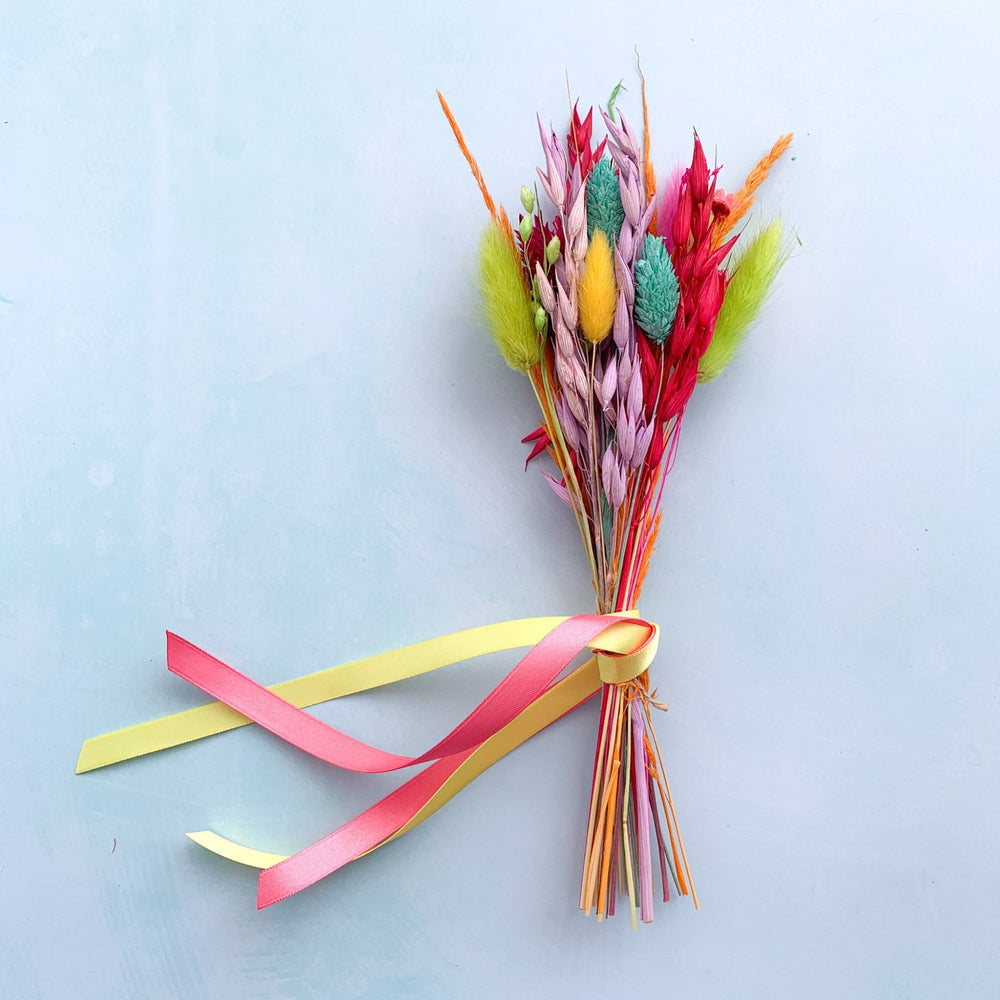 rainbow dried flower bouquet with ribbon