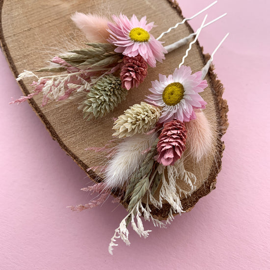 Pink daisy dried flower hair pins